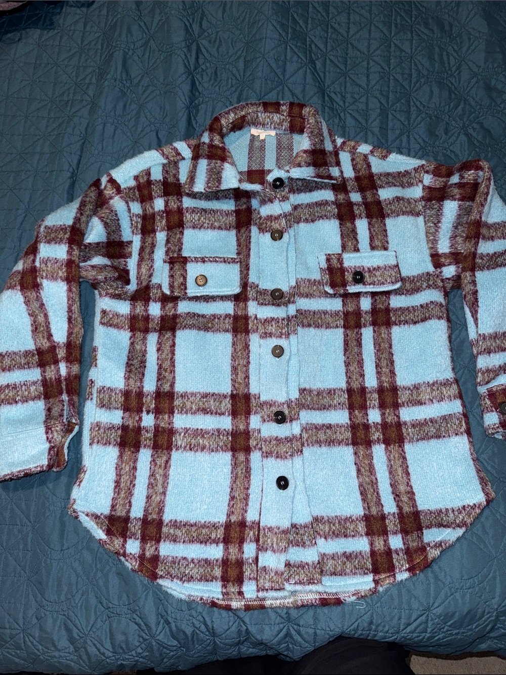 LA MIEL Light Blue & Brown Plaid Button-Down Oversized Shacket